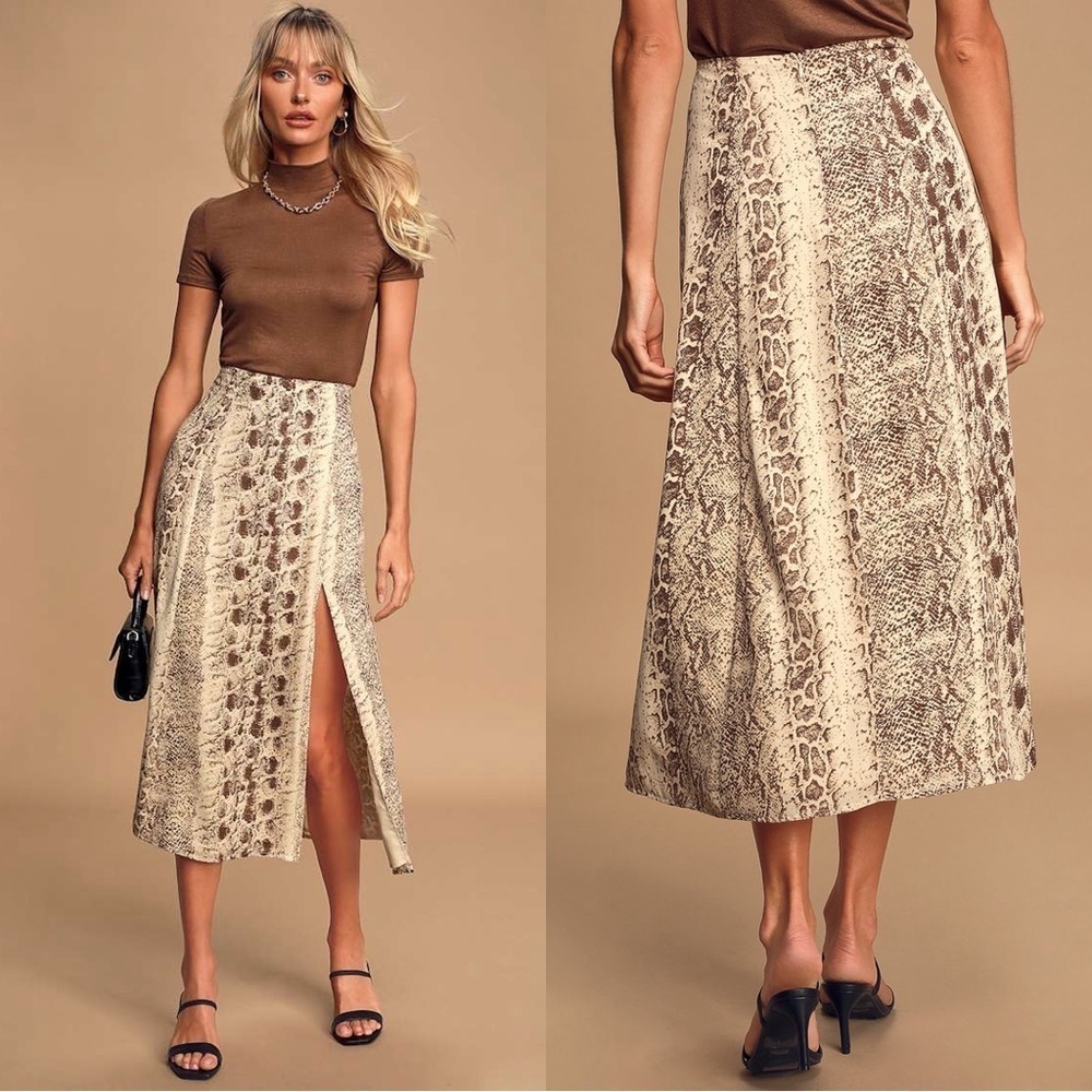 Lulus Tame to Fame Brown Multi Snake Print Midi Skirt Size: Small